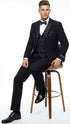 Men's Black Vested Tuxedo Suit with Patterned Lapel – Classic Formal Suit for Wedding, Party and Evening Events