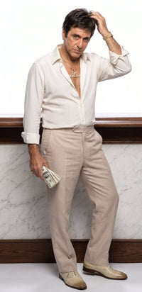 Tony Montana’s White Linen Shirt and Tan Pants – Men’s White Formal Shirt with Tan Trousers for Party, Wedding and Vintage Style Outfit