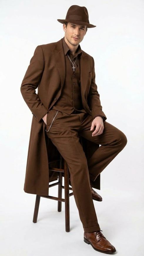 Men’s Brown 1920s Zoot Suit – Long Gangster Mafia Zuit Vintage Three-Piece Costume Set Pachuco Style