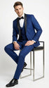 Men’s Shiny Sharkskin Saphire Royal Blue Tuxedo 3 Piece Suit with Black Shawl Lapel | Formal Wedding Prom Suit Shiny Fabric