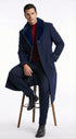Men’s Dark Navy Blue Long Overcoat with Faux Fur Collar, Classic Winter Dress Coat for Formal