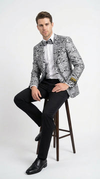 Men’s Silver and Black Paisley Prom Blazer Jacket | Printed Formal Evening Tuxedo Blazer + Free Matching Bow Tie