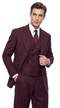 Tiglio Rosso Men’s Burgundy Wool Suit – Classic Fit Big Lapel Suit with Wide Leg Pleated Pants & Side Vents