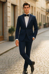 Men’s Navy Blue  Tuxedo with Satin Peak Lapel With Matching Color Lapel Sateen – Formal 2 Piece Suit