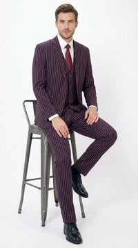 Men’s Plum Eggplant Pinstripe 3 Piece Suit – Burgundy Purple Formal Suit  Gangster 1920s Mafia Pimp Suit