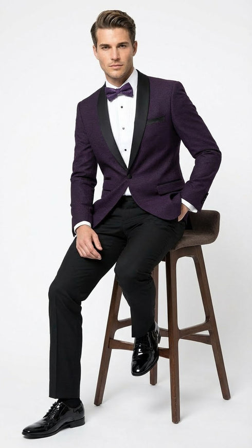 Men’s Eggplant Plum Purple Tuxedo Blazer with Satin Lapel, White Tuxedo Shirt and Matching Purple Bow Tie - Slim Fitted - Prom wedding Suit With Pants