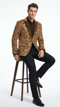 Men's Light Brown & Gold Baroque Embroidered Blazer Jacket | Tuxedo Dinner Jacket