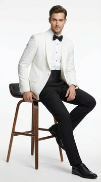 Men's White Dinner Jacket Tuxedo Blazer with Black Satin Shawl Lapel  With Black Tuxedo Pants