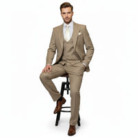 Men’s Beige Pinstripe Three-Piece Suit – Classic Fit Formal Suit with Vest and Flat-Front Pants in Tan Stripe By Rossiman