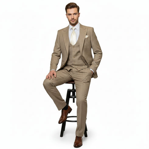 Men’s Beige Pinstripe Three-Piece Suit – Classic Fit Formal Suit with Vest and Flat-Front Pants in Tan Stripe By Rossiman