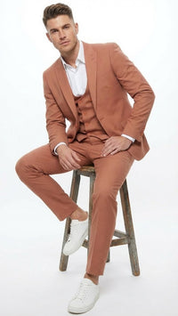 Men’s Light Rust - Peach Color - Salmon Color  3 Piece Suit Set with Vest, Classic Formal Wedding Prom Business Dress Suit