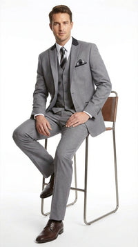 Men’s Light Gray Three Piece Suit with Black Chesterfield Collar  – Classic Formal Wedding and Business Suit Set 1920s Vintage