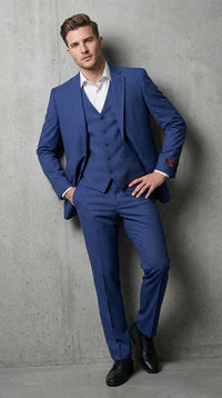 Men’s Royal Blue Pinstripe Three Piece Suit – Classic Formal 3PC Business and Wedding Suit Indigo Teal Saphire Pinstripe