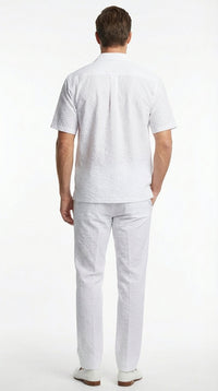 Mens White Seersucker Walking Suit Set – Casual Summer Short Sleeve Outfit with Matching Pants Lightweight Two Piece Set