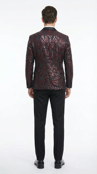 Men’s Black and Burgundy Sequin Blazer – Black Sparkle Sequin Party Blazer with Burgundy Pattern for Prom, Wedding Slim Fitted