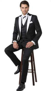Men’s Black and White Lapel Prom Tuxedo Suit + Black Vest + Black Pants Peak Lapel