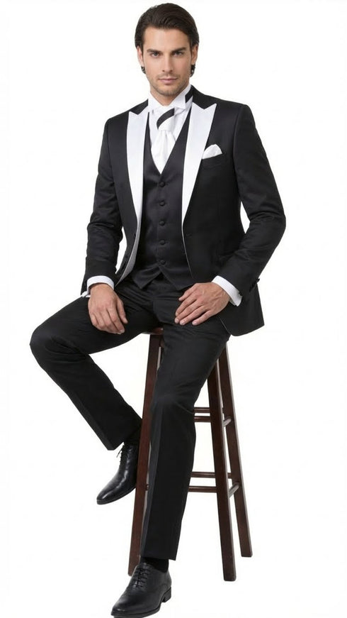 Men’s Black and White Lapel Prom Tuxedo Suit + Black Vest + Black Pants Peak Lapel
