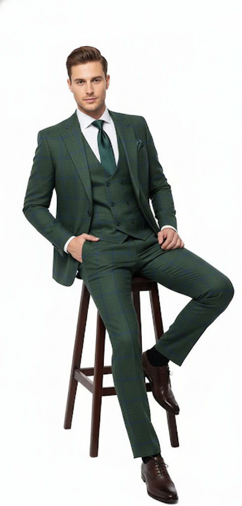 Men’s Green Plaid 3-Piece Suit – Classic Check Slim Fit Suit for Weddings, Church, and Formal By Rossiman