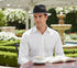Men’s Two-Tone Black and White Fedora Hat with Feather Accent – Stylish Summer Dress Hat