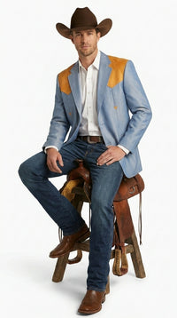 Men’s Sky Blue and Gold Western Cowboy Blazer – Classic Country Style Jacket, Vintage  in Steel blue Color