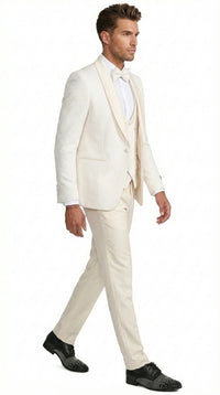 Men’s Ivory Paisley Tuxedo Suit 3 Piece – One Button Vested Satin Formal Suit for Wedding in Off white Cream Color