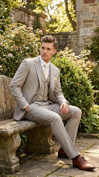 Men’s Light Tan Pinstripe 3 Piece Suit with Jacket, Vest, and Pants | Shadow Stripe Tone Tone Pleated Pants Classic