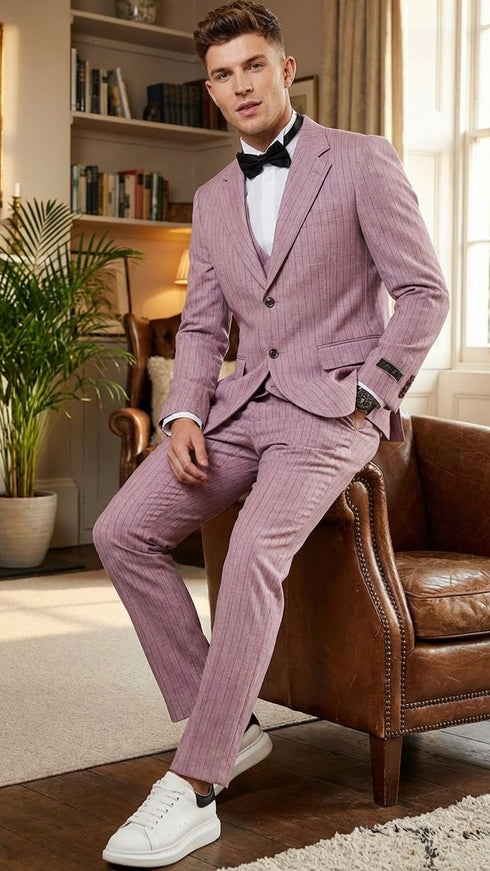 Men’s Dusty Rose Pink Pinstripe Three Piece Suit with Vest | Wedding and Party Formal Wear Prom or Church Suit