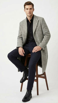 Men’s Grey Herringbone Long Overcoat – Tweed Black and White Pattern Wool Topcoat Three Qaurter