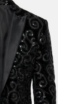 Men’s Black Velvet Sequin Swirl Dinner Jacket – Blazer Paisley Sparkly