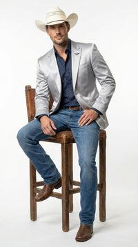 Mens Shiny Silver Cowboy Blazer – Western Style Satin Finish Blazer for Party, Country Events and Evening Wear