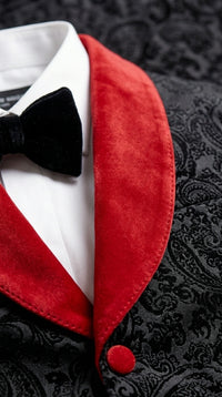 Men’s Black Paisley 2 Piece Suit with Red Shawl Lapel, Formal Wedding Prom Party Suit Set