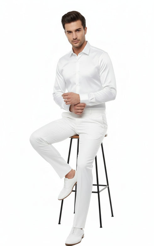 Men’s White Satin Dress Shirt – Classic Long Sleeve Formal Shirt for Weddings, Parties, and Business Wear