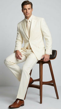 Men’s Ivory Tuxedo Suit with Satin Notch Lapel – Formal Wedding and Evening Wear Suit in Cream Off White Color