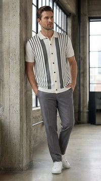 Mens White and Charcoal Gray Stripe Walking Suit Set – Short Sleeve Button Shirt and Pants Casual Summer Outfit for Travel, Vacation and Everyday Wear