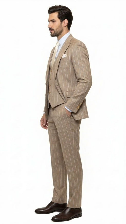 Men's Beige Pinstripe Three-Piece Vested Suit – Tailored Fit  Business Attire in Tan Stripe by Rossiman