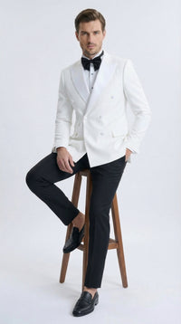 Men’s White Double Breasted Dinner Jacket Blazer with Black Pants – Formal Tuxedo Style Outfit for Weddings
