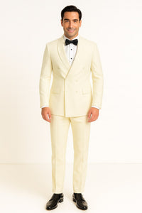 Mens Off-White Double Breasted Tuxedo Jacket with Shawl Lapel | Formal Wedding Suit in Ivory Cream Color