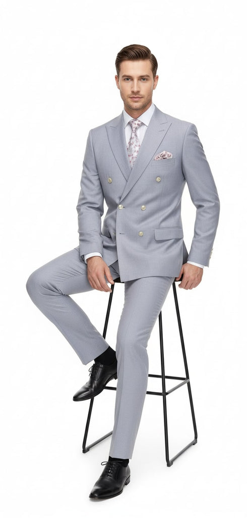 Mens Silver Grey Double-Breasted 3-Piece Suit – Classic Tailored Fit with Peak Lapel and Gold Buttons for Weddings, Church and Formal Events