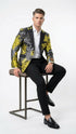 Men’s Yellow Tuxedo Black and Gold Floral Pattern Blazer | Formal Jacket - Prom Dinner Jacket + Black Pants + Bowtie