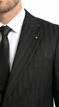 Men’s Black Tonal Shadow Pinstripe Vested Suit – 3 Piece Classic Fit Formal Wedding & Business Suit By Vitali