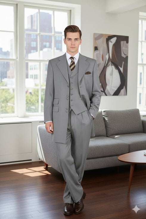 Mens Zoot Suit - Light Gray 3-Piece Suit with Vest – Classic Business and Wedding Formal Wear - 1920s Fashion