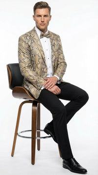 Men’s Beige and Black Snakeskin Print Blazer – Alligator Crocodile Exotic Sking Sport Coat Jacket in Tan Camel Color