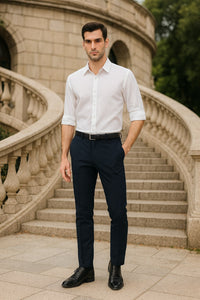 Men’s White Linen Button Down Shirt – Long Sleeve Roll-Up Casual Dress Shirt