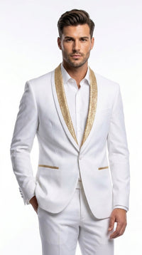 Men’s White and Gold Lapel 2-Piece Tuxedo Suit with Gold Glitter Shawl Lapel – Wedding, Prom and Dinner Jacket