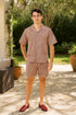 Men’s Burgundy Redish Seersucker Short Set Walking Suit – Two-Piece Cuffed Shorts with Expandable Waist