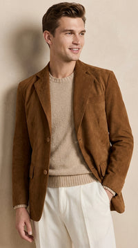 Men’s Camel Brown Suede Leather Blazer – Classic Two Button Suede Sport Coat