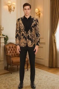 Mens Black and Rose Gold Floral Embroidered Blazer Suit Black Pants – Luxury Tuxedo Jacket for Weddings, Proms and Parties