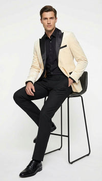Men’s Ivory Dinner Jacket - Cream Velvet Blazer with Black Satin Lapel | Wedding and Party Formal Sport Coat in off white