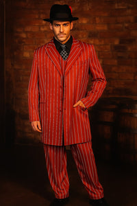 Men’s Red Pinstripe Zoot Suit – 1920s Gangster Pimp Style with Long Jacket & Matching Hat