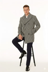 Mens Houndstooth Double-Breasted Overcoats – Classic Black and White Wool Blend Peacoat Wool Fabric